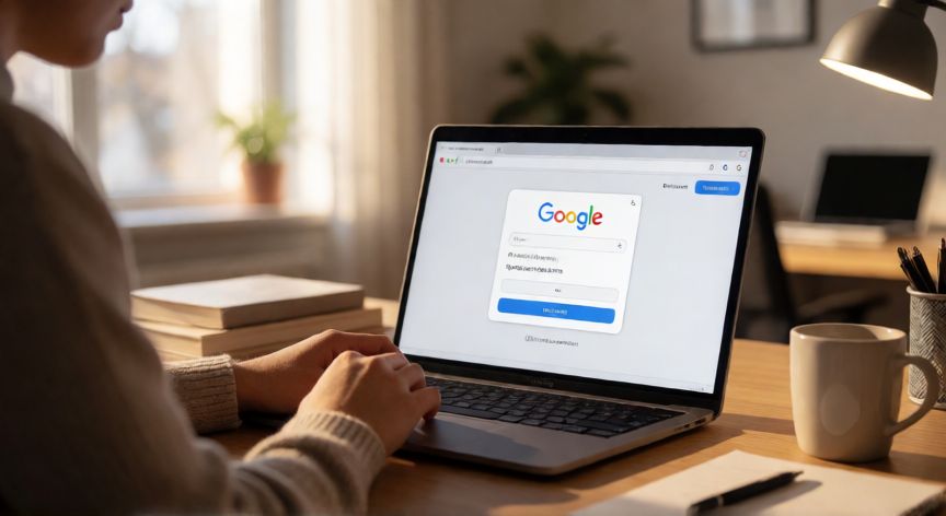 porque google quiere verificar mi edad, Persona ante un portátil donde Google solicita verificar su edad mediante un cuadro de diálogo