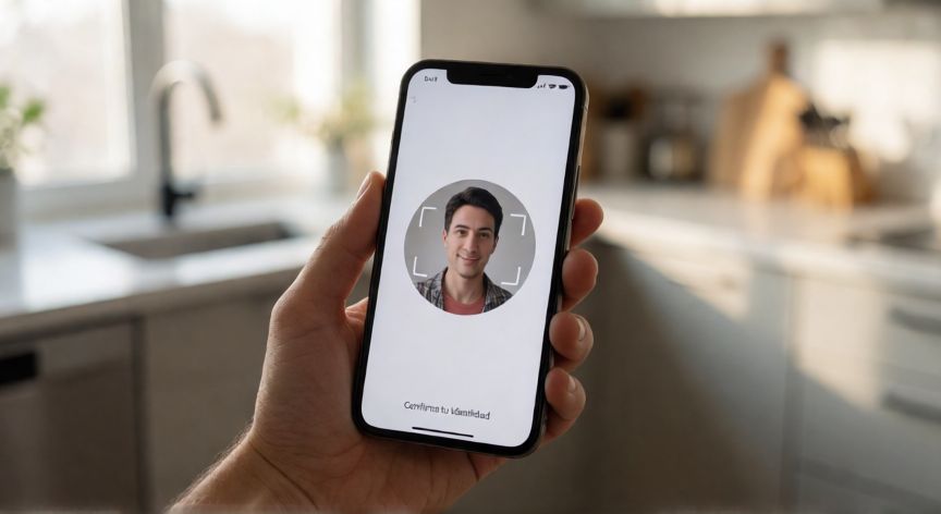 porque google quiere verificar mi edad, Móvil mostrando la pantalla de verificación de identidad con cámara selfie y texto en español