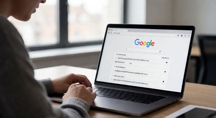 porque google quita parte del contenido, Persona revisando resultados de Google con snippets recortados en la pantalla