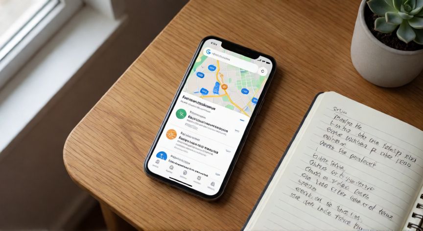 porque google quita reseñas, Teléfono mostrando la página de reseñas de Google Maps sobre una mesa de madera