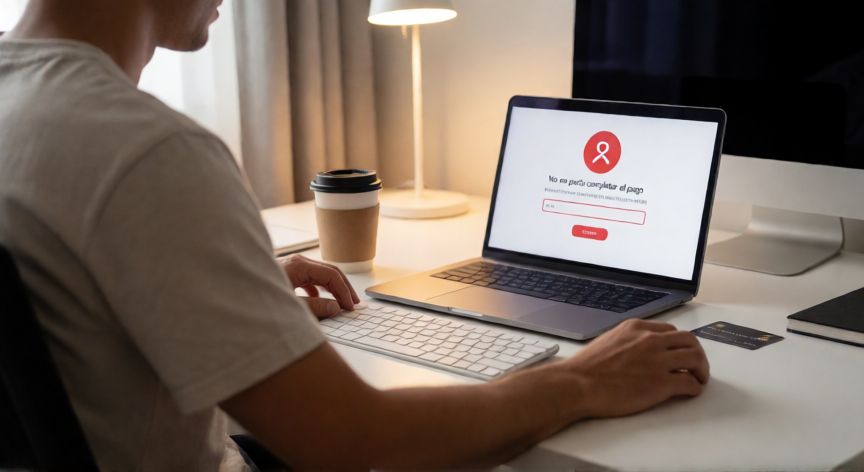 Persona frustrada frente a un portátil mostrando error de pago rechazado de Google