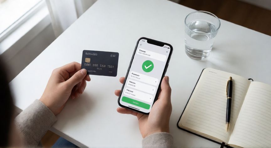 porque google rechaza mi pago, Vista cenital de una mesa con tarjeta de crédito y teléfono mostrando app bancaria para verificar datos de pago