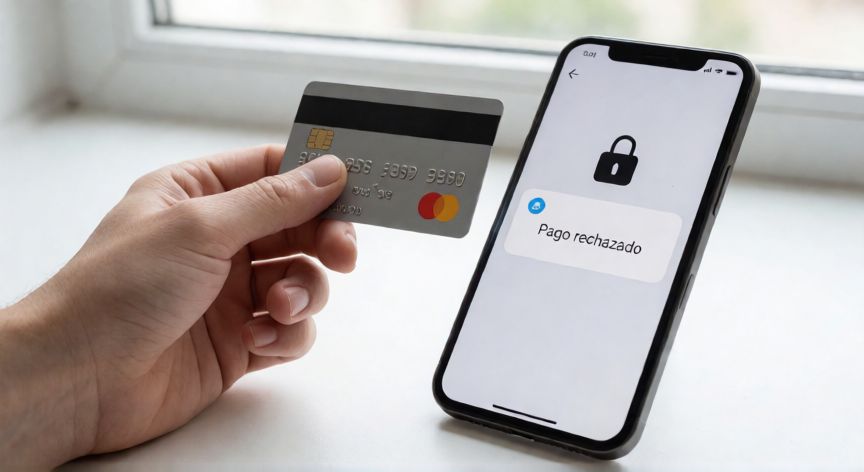 porque google rechaza mi tarjeta, Mano sosteniendo una tarjeta de crédito junto a un móvil con mensaje de pago rechazado