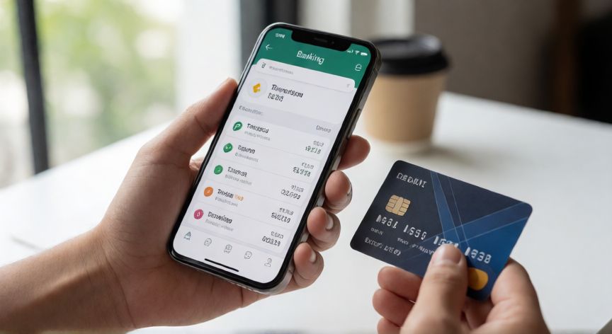 porque google rechaza mi tarjeta de debito, Manos consultando el historial de transacciones en la app del banco con una tarjeta de débito