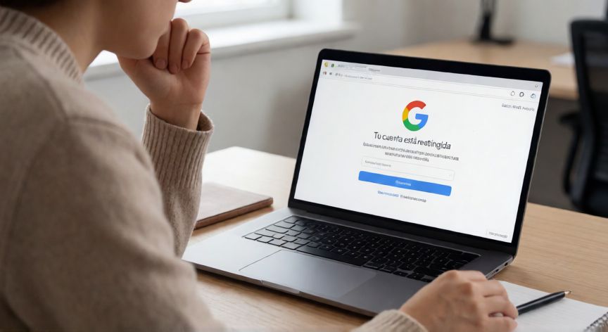Persona viendo una notificación de restricción de cuenta en Google en su portátil