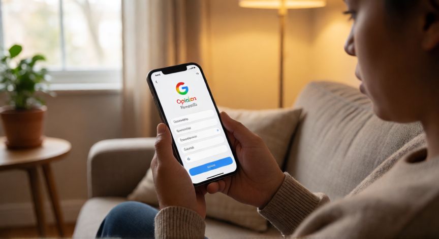 porque google rewards no me manda encuestas, Persona revisando la app de Google Opinion Rewards en su móvil sin recibir encuestas