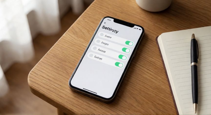 porque google sabe lo que pienso, Teléfono móvil con ajustes de privacidad sobre una mesa de madera, vista cenital