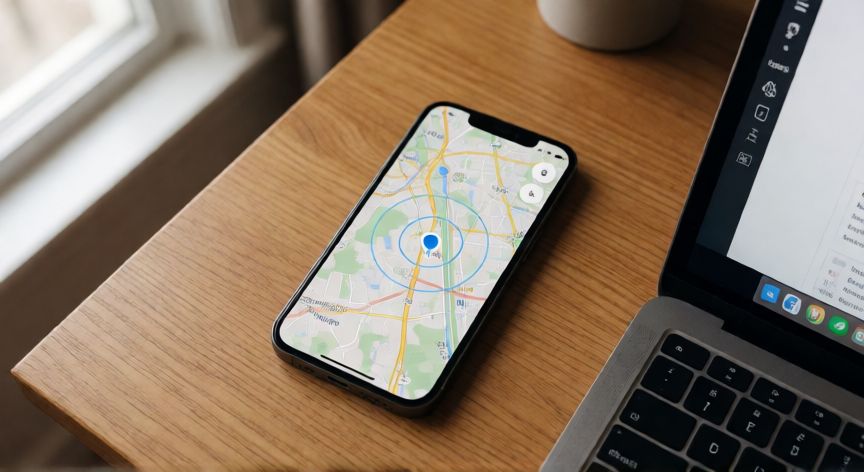 porque google sabe mi ubicacion, Teléfono móvil mostrando un mapa GPS con punto de ubicación sobre un escritorio de madera junto a un portátil abierto