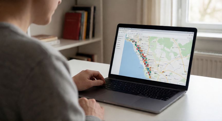 porque google sabe mi ubicacion, Persona revisando en un portátil la línea de tiempo de ubicaciones registradas por Google con puntos de colores en un mapa