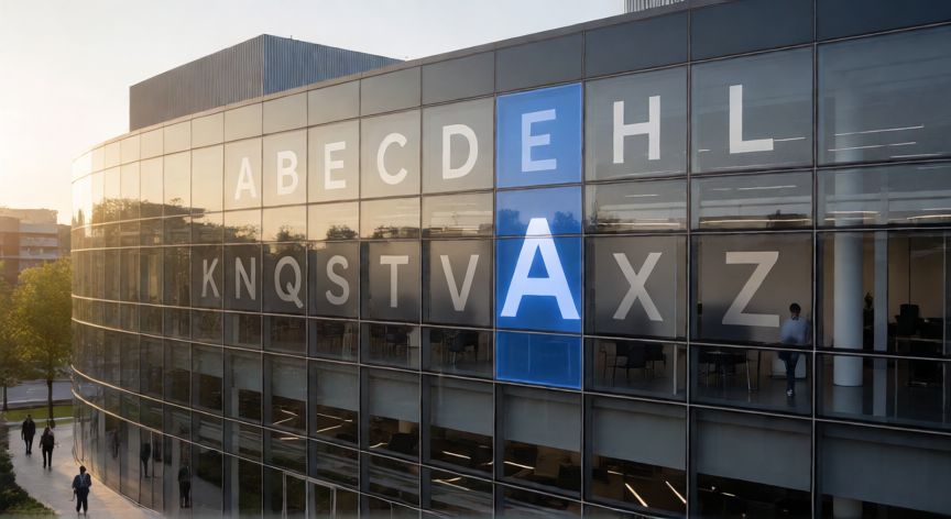 Edificio corporativo de Alphabet Inc. con el logo del abecedario en la fachada de cristal