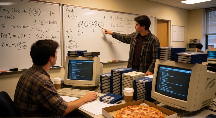 porque google se llama google, Estudiantes en una oficina de Stanford trabajando en el proyecto BackRub en los años 90
