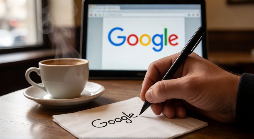 porque google se llama google, Mano escribiendo el nombre Google en una servilleta con un café al lado