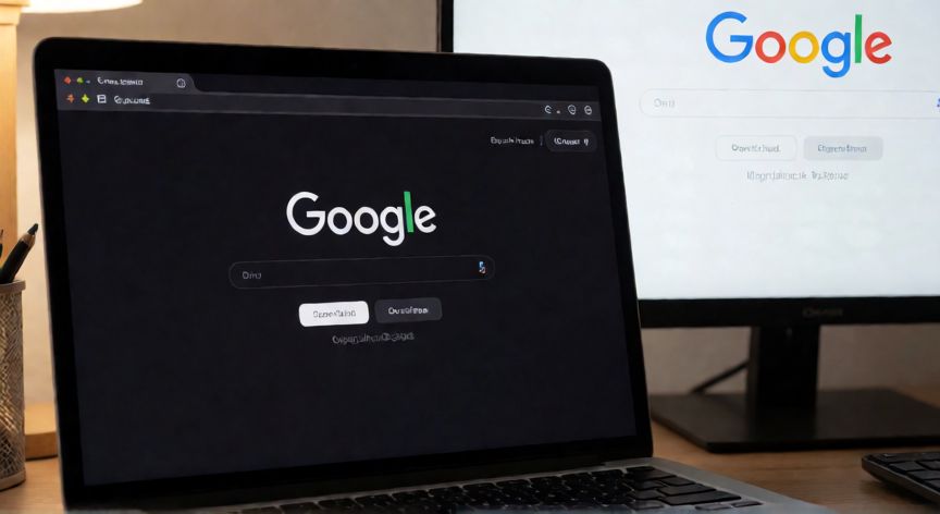 porque google se ve negro, Comparación de Google en modo oscuro y modo claro en dos pantallas