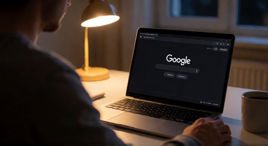 Persona usando Google en modo oscuro en un entorno nocturno