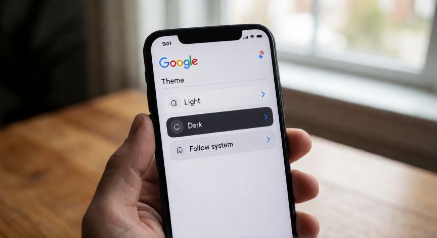 porque google se ve oscuro, Pantalla del teléfono mostrando la opción de tema en la app de Google