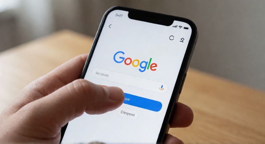 Teléfono mostrando la página de Google con texto muy pequeño