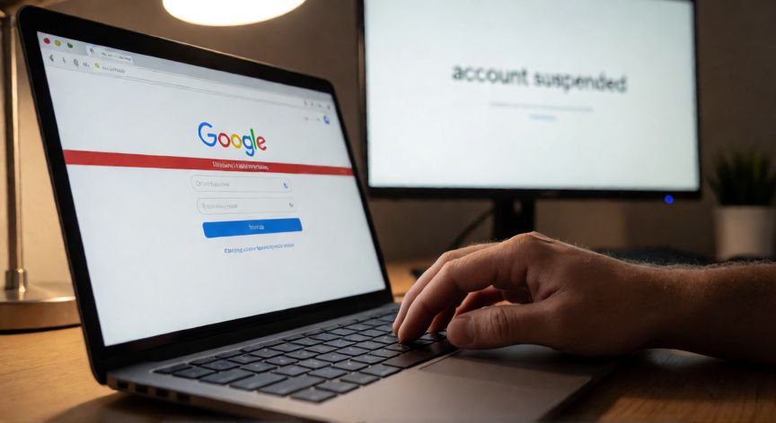 Persona intentando acceder a su cuenta de Google y viendo el mensaje de suspensión en la pantalla del portátil
