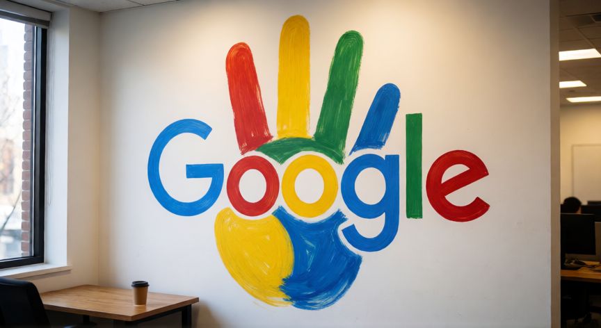 porque google tiene esos colores, Logo de google dibujado a mano con sus cuatro colores clásico sobre una pared blanca