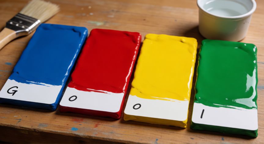 porque google tiene esos colores, Muestras de pintura con los cuatro colores del logo de google sobre una mesa de trabajo