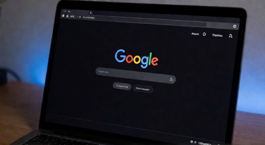 porque google tiene fondo negro, Pantalla de portátil mostrando la página de inicio de Google con modo oscuro activado y fondo negro