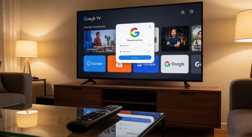 porque google tv me pide permiso, Televisor con interfaz de Google TV mostrando una ventana de solicitud de permisos de app en la sala de estar