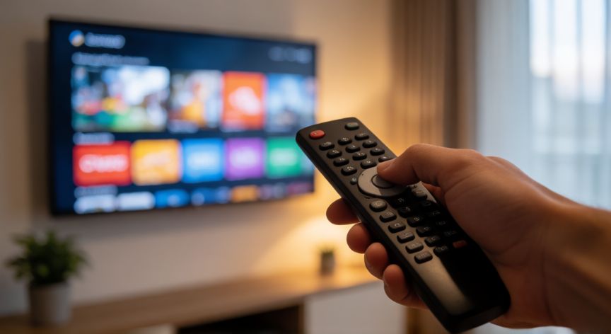 porque google tv me pide permiso, Mano sosteniendo un mando a distancia de televisor apuntando hacia una TV con pantalla de inicio