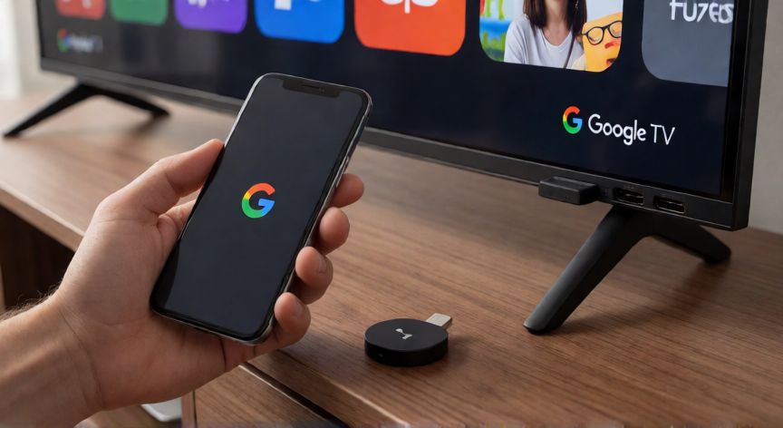 porque google tv no encuentra mi tv, Chromecast conectado al puerto HDMI de un televisor con el móvil al lado