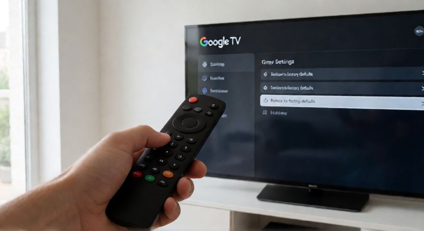 porque google tv no funciona, Persona restaurando Google TV a los valores de fábrica desde el menú de ajustes
