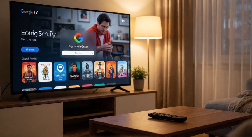 porque google tv quiere acceder a mi cuenta, Televisor con Google TV mostrando la pantalla de inicio de sesión con cuenta de Google en un salón moderno