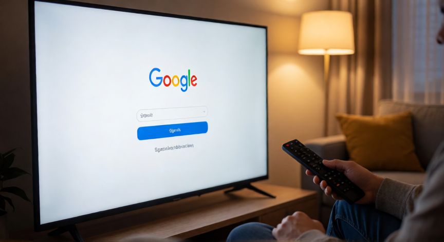 porque google tv solicita permiso para acceder a mi cuenta, Persona en el sofá mirando la pantalla de acceso de Google TV en un televisor