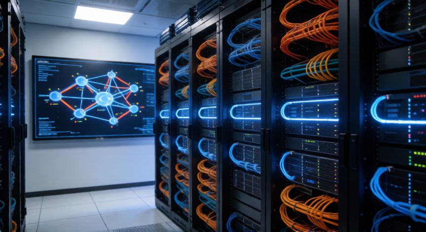 porque google usa ia, Centro de datos de Google con visualización de red neuronal en pantalla