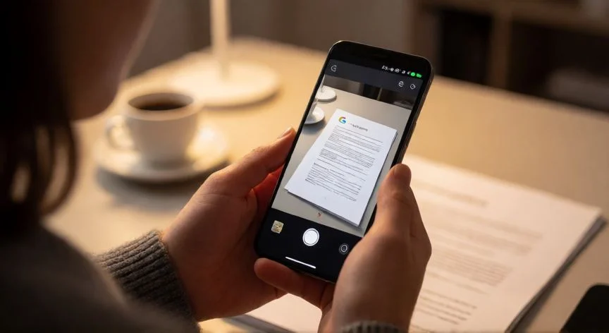 Persona escaneando flores con Google Lens desde su móvil en un parque soleado