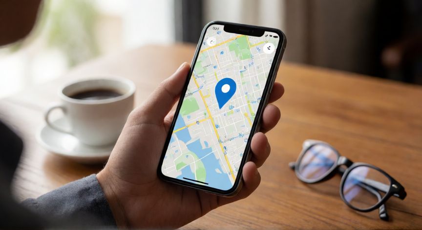 Persona sosteniendo un móvil con la app de mapas y un pin de ubicación visible