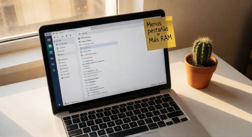 porque google usa tanta memoria, Escritorio con portátil abierto en ajustes de navegador y nota adhesiva con consejo para reducir consumo de memoria
