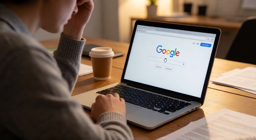 Persona frustrada mirando una búsqueda de Google cargando lentamente en su portátil