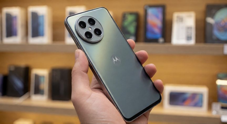 porque google vende motorola, Smartphone Motorola de gama media sostenido en la mano, representando el negocio de hardware que Lenovo heredó tras la venta