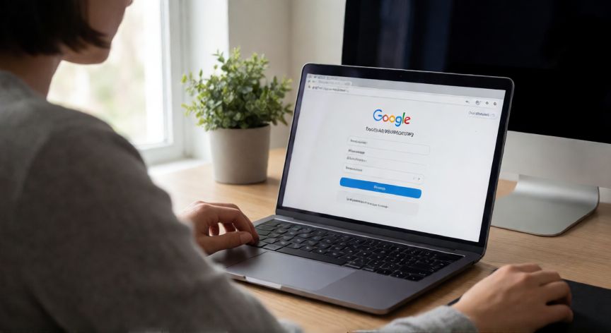 porque google verifica mi numero, Persona revisando las opciones de seguridad y recuperación de su cuenta de Google en un portátil