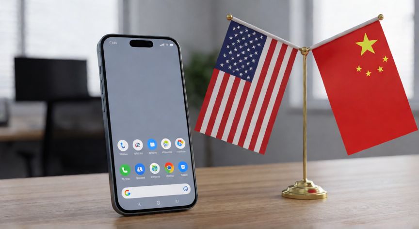 porque google veto a huawei, Smartphone Huawei sobre escritorio con banderas de EE.UU. y China, simbolizando la tensión tecnológica entre ambos países
