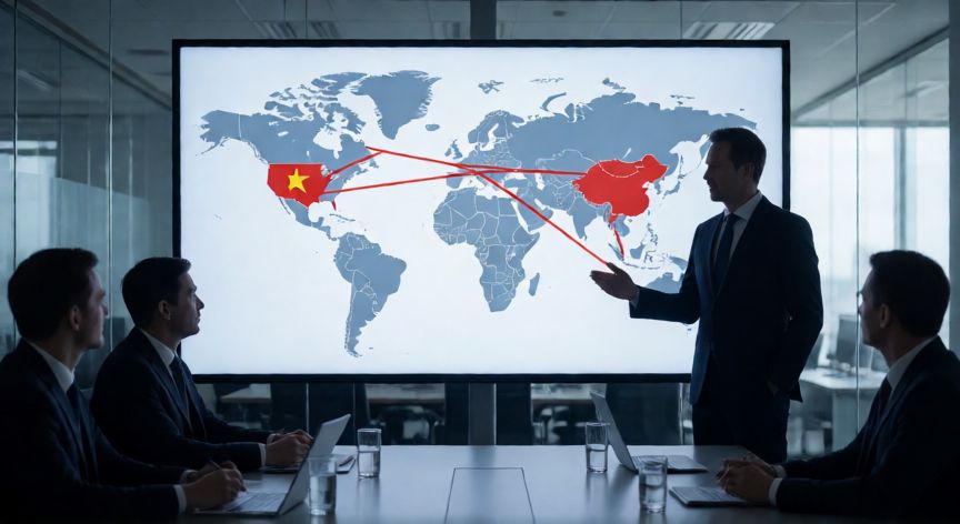 porque google veto a huawei, Sala de conferencia con mapa mundial mostrando restricciones tecnológicas entre Estados Unidos y China