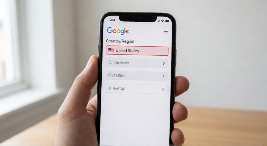 porque google voice no esta disponible para mi cuenta, Configuración de cuenta de Google mostrando el campo de región o país destacado