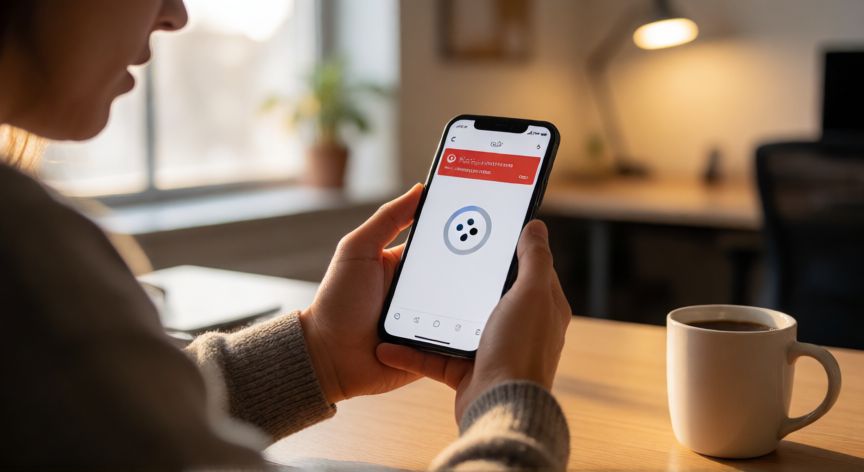 porque google voice no funciona, Persona frustrada mirando el teléfono con la app de Google Voice mostrando un error de conexión