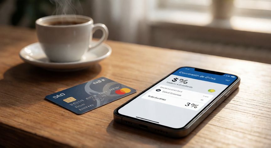 porque google wallet me cobra, Tarjeta bancaria y teléfono mostrando un cargo por conversión de divisa en Google Wallet
