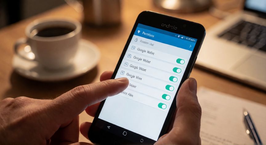 porque google wallet no funciona, Pantalla de permisos de Google Wallet en la configuración del móvil Android