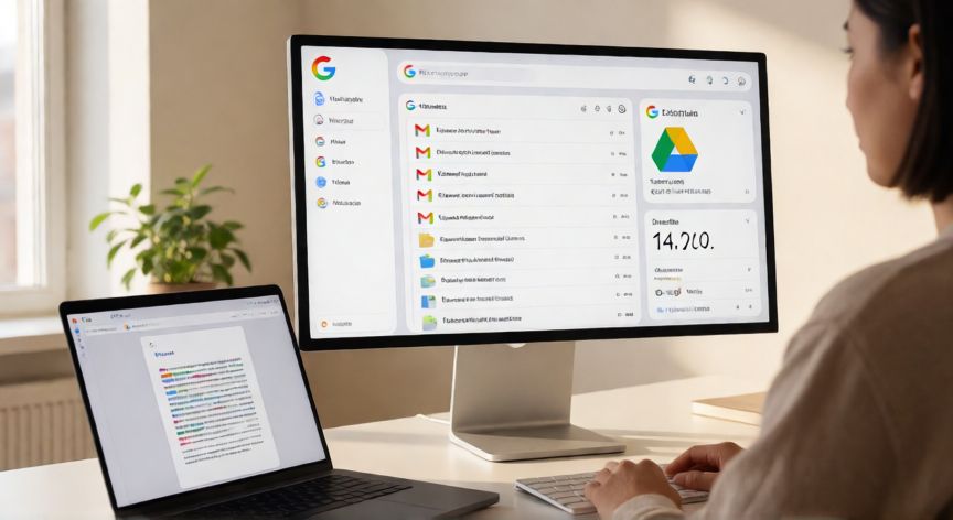 porque google workspace, Pantalla de ordenador mostrando el panel de Google Workspace con Gmail, Drive y Calendar en una oficina moderna