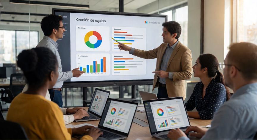 porque google workspace, Equipo de trabajo colaborando en tiempo real con una presentación de Google Slides en una oficina abierta