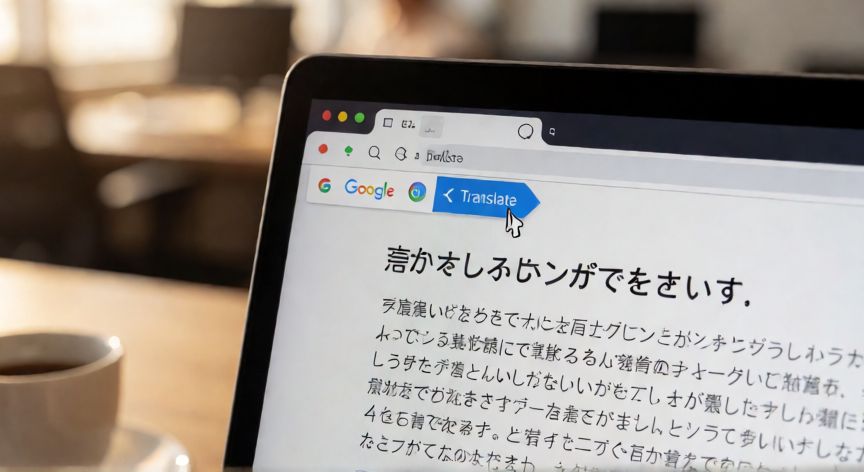 porque google ya no me traduce las paginas, Pantalla de portátil con una página web en japonés y la extensión de Google Traductor visible en la barra del navegador