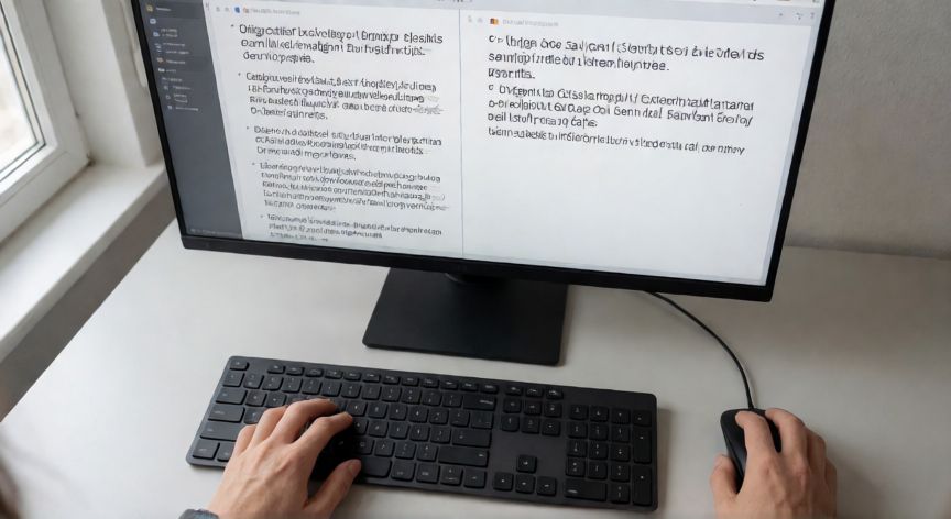 porque google ya no me traduce las paginas, Vista cenital de manos tecleando con una traducción de alemán a español en pantalla dividida en el monitor