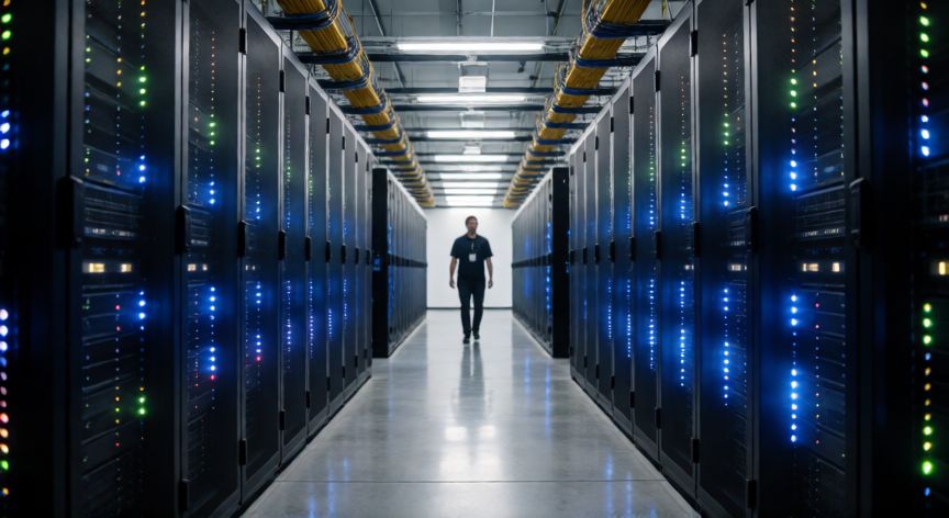 Corredor de un centro de datos con filas de servidores que procesan búsquedas de Google