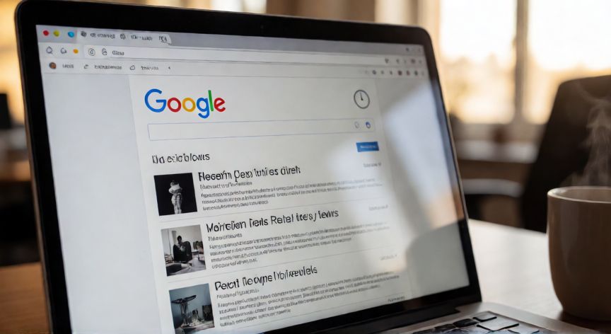 porque google ya no muestra resultados en vivo, Pantalla de portátil mostrando resultados de búsqueda de Google en un entorno de oficina