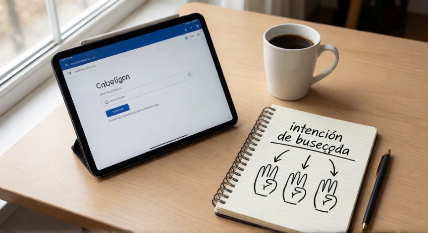 porque google ya no responde con ia, Escritorio con tablet mostrando interfaz de búsqueda y notas sobre intención de búsqueda